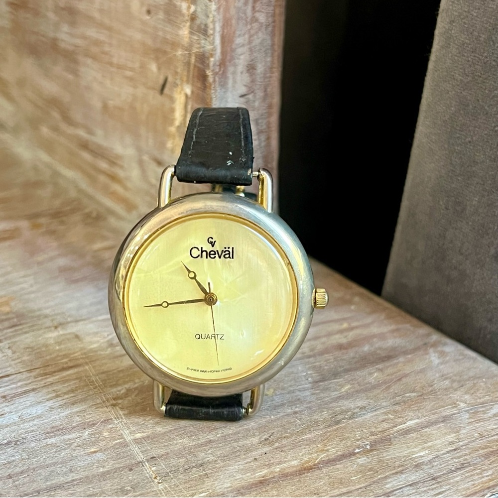🖤 Cheval Vintage Watch Gold/Silver Black Leather Strap Quartz